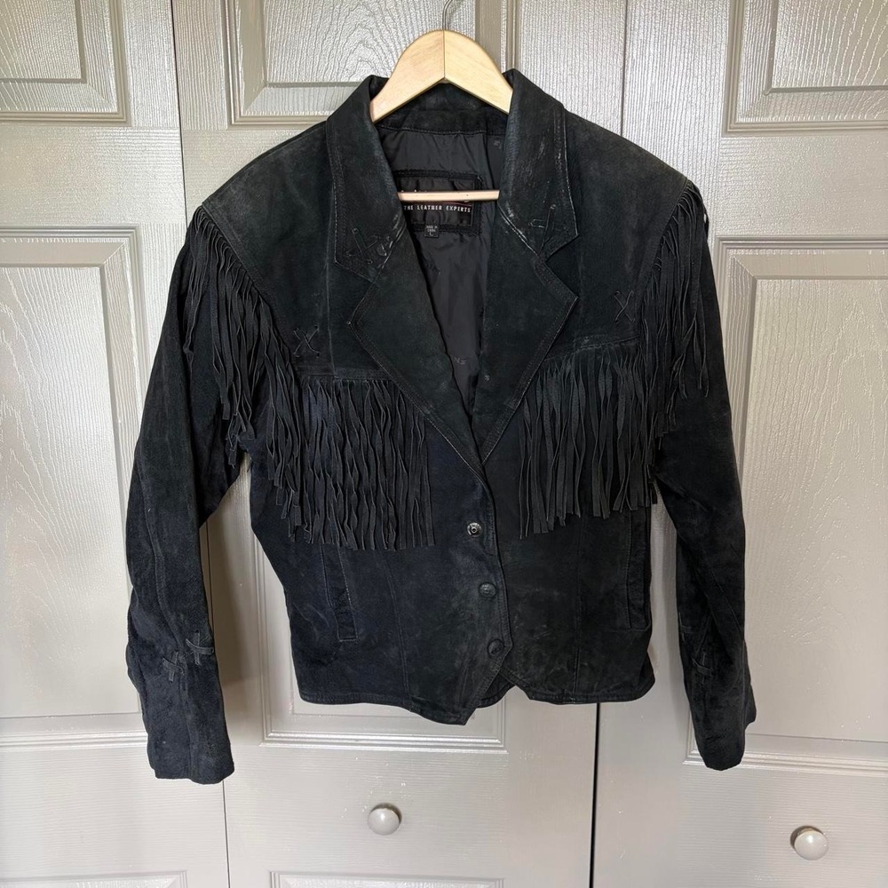 Wilsons Leather Vintage Black Suede Fringe Western Jacket Cross Embroidery L